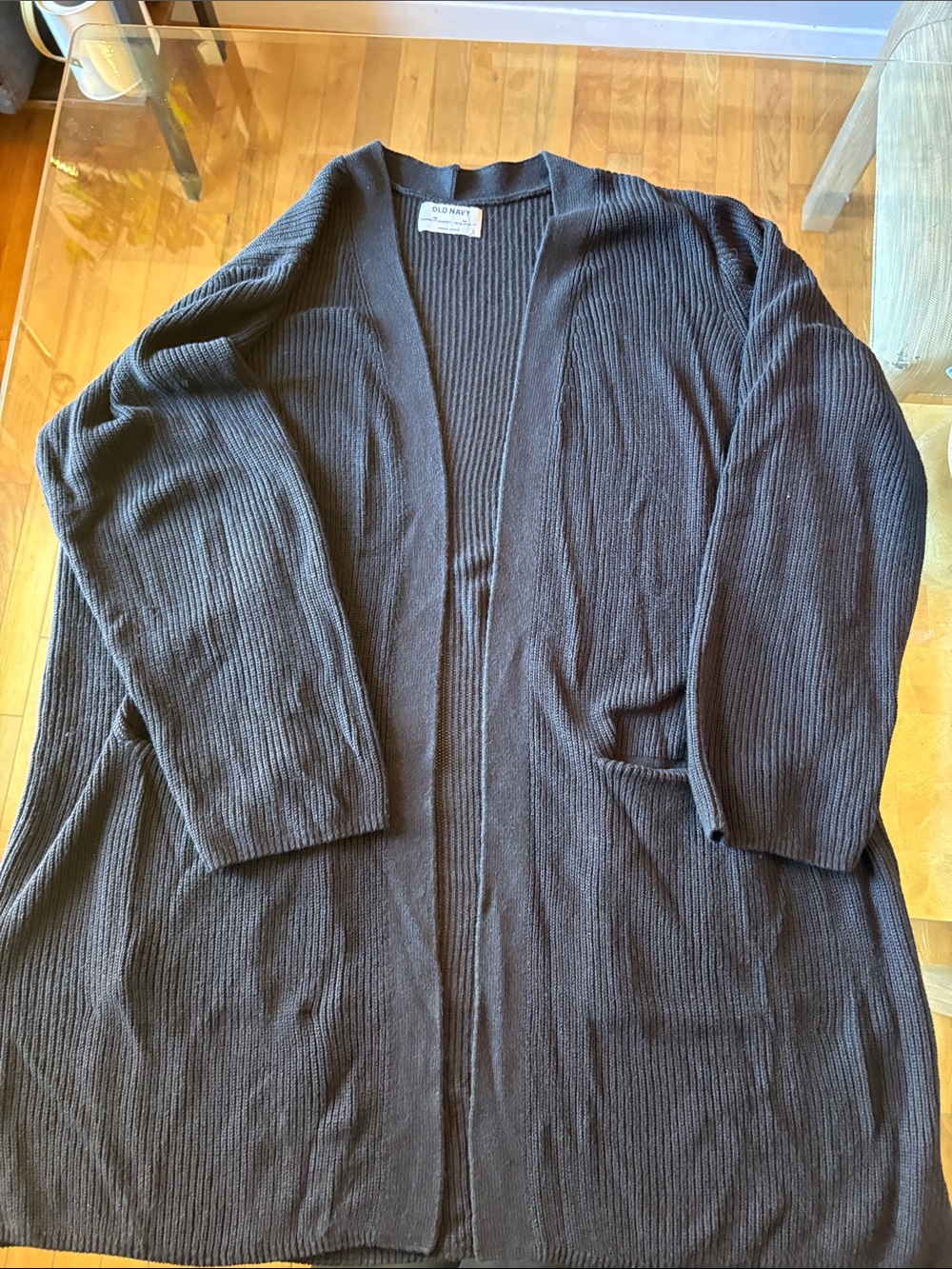 Longline Black Ribbed Open-Front Cardigan with Pockets - Picture 2 of 4